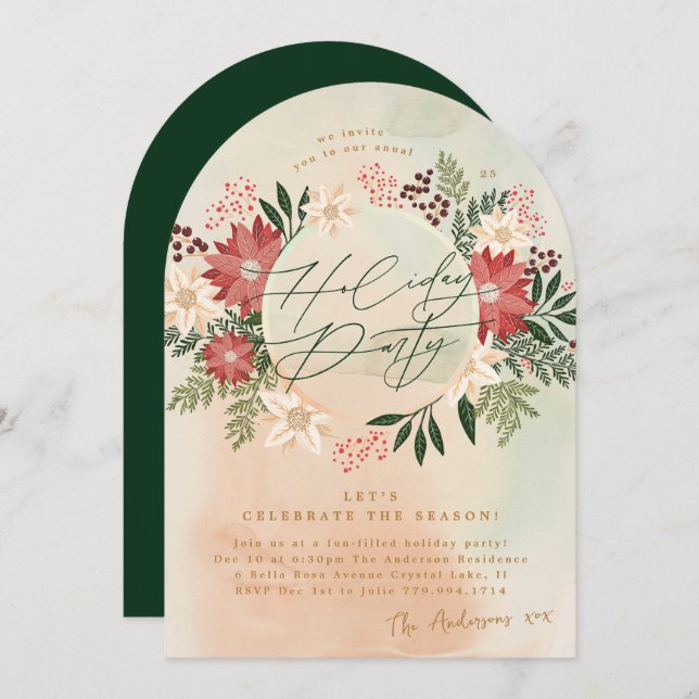 Convite Feriado Clássico Poinsettia Wreath Arch (Frente/Verso)