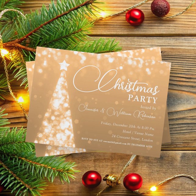 Convite Feriado da Árvore Xmas Dourada Elegante de Shimmer (Elegant Rose Gold Shimmering Xmas Tree Holiday Invitation)