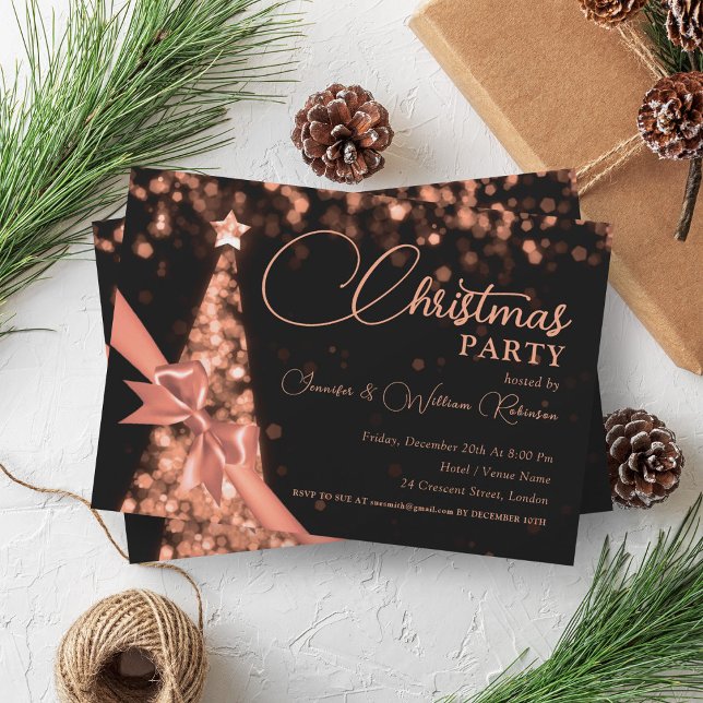 Convite Feriado da Árvore Xmas Dourada Elegante de Shimmer (Elegant Rose Gold Shimmering Xmas Tree Holiday Invitation)