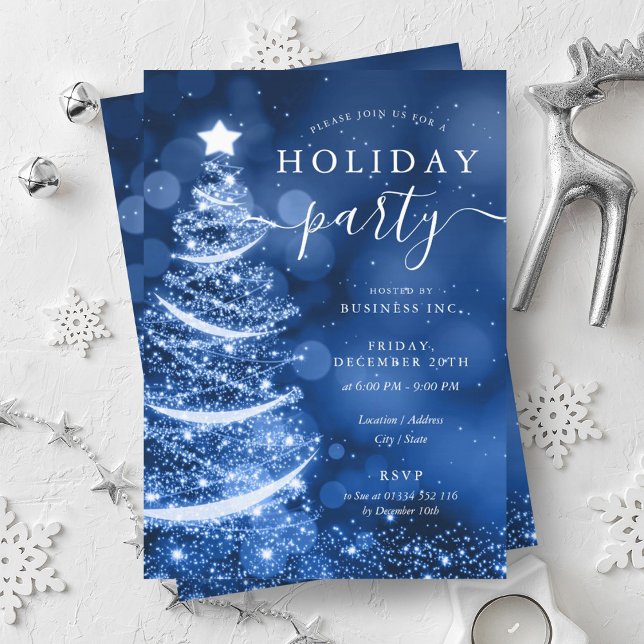 Convite Feriado da Companhia de Árvore de Natal Azul Elega (Elegant Blue Christmas Tree Company Holiday Invitation)