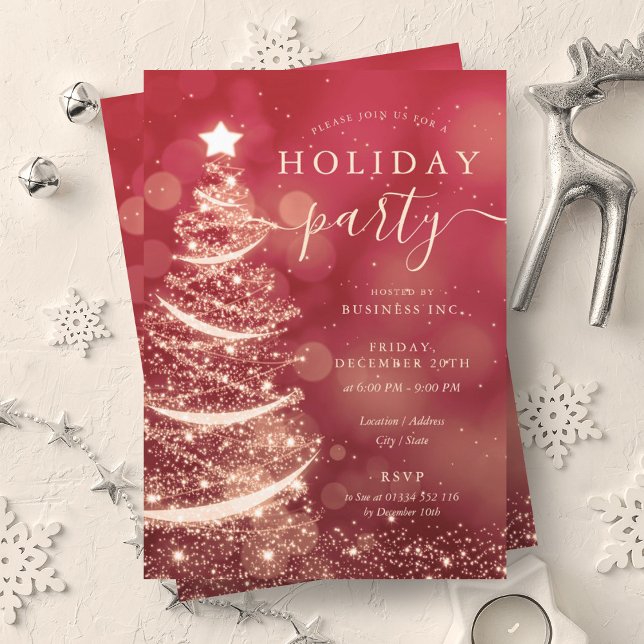 Convite Feriado da Companhia de Árvore de Natal Dourada El (Elegant Red Gold Christmas Tree Company Holiday Invitation)