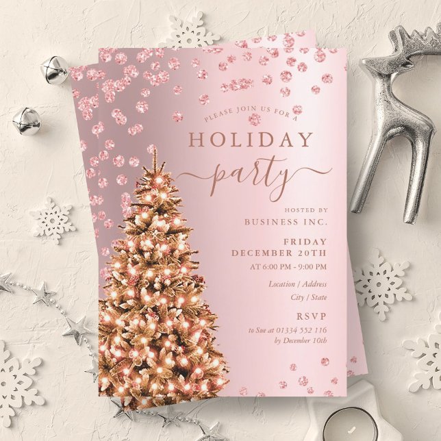 Convite Feriado da Companhia de Inverno da Árvore de Natal (Rose Gold Christmas Tree Winter Company Holiday Invitation)