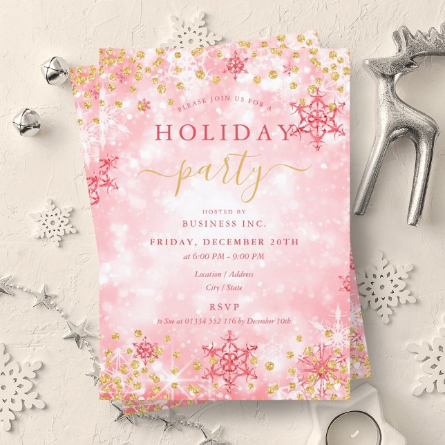 Convite Feriado da Companhia de inverno Elegante Dourada d (Elegant Gold Red Xmas Winter Company Holiday Invitation)