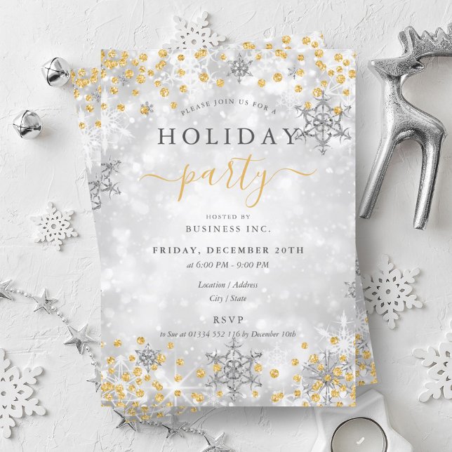 Convite Feriado da Elegante Dourada Silver Xmas Winter Com (Elegant Gold Silver Xmas Winter Company Holiday Invitation)