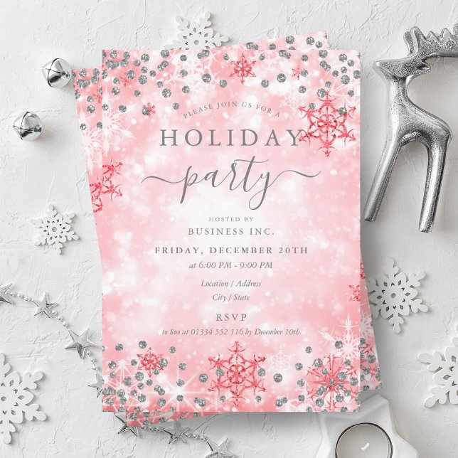 Convite Feriado da Elegante Red Xmas Winter Company (Elegant Silver Red Xmas Winter Company Holiday Invitation)