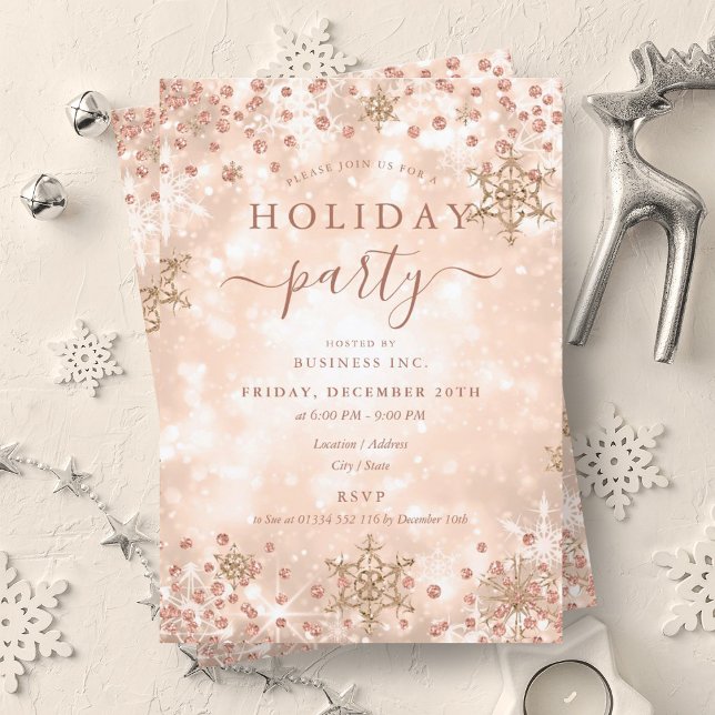 Convite Feriado da Elegante Rosa Dourada Xmas Winter Compa (Elegant Rose Gold Xmas Winter Company Holiday Invitation)