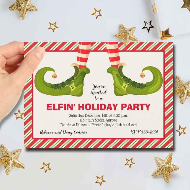 Convite Feriado das Pernas do Elfo de Natal (Jolly Christmas Elf Legs Stripes Holiday Party Invitations)