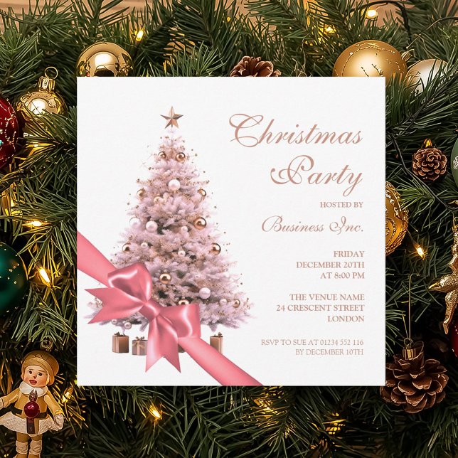 Convite Feriado de Arco de Árvore de Natal Dourada para Ro (Corporate Rose Gold Christmas Tree Bow Holiday Invitation)