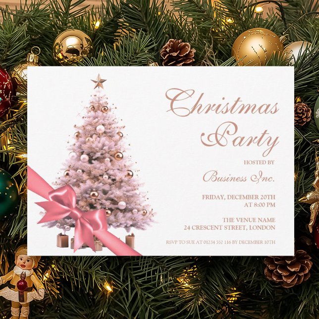 Convite Feriado de Arco de Árvore de Natal Dourada para Ro (Corporate Rose Gold Christmas Tree Bow Holiday Invitation)