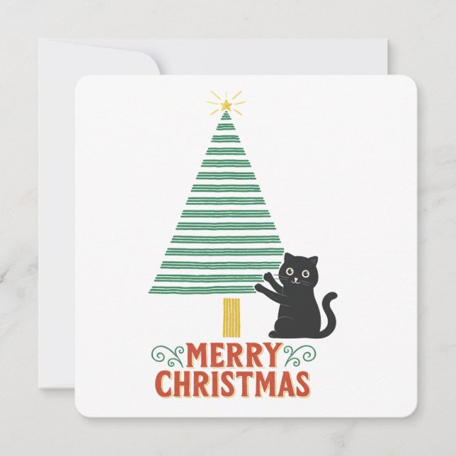 Convite Feriado de Árvore de Natal Feliz Gato Preto (Frente)