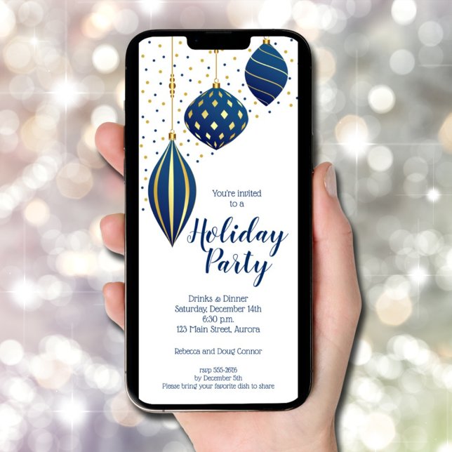 Convite Feriado de Enfeites de natal Dourados azuis (Blue Gold Christmas Ornaments Holiday Invitations - INSTANT DOWNLOAD and/or PRINTED)