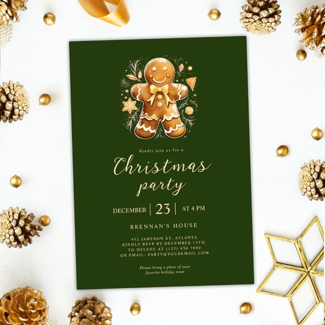 Convite Feriado de Gingercake de Natal Verde (Green Christmas Party Gingerbread Holiday Invitation)