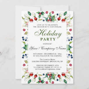 Convite Feriado de Holiday Red Holly Berry de Watercolor