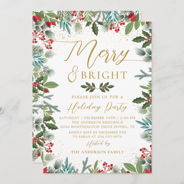 Convite Feriado de Holly Berries, feliz e Verde Brilhante (Frente/Verso)