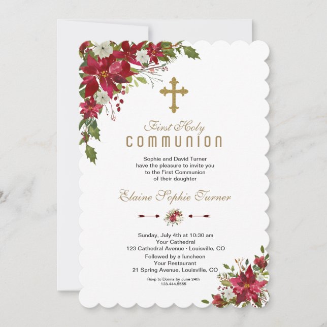 Convite Feriado de inverno Poinsettia Branca Santa Comunhã (Frente)