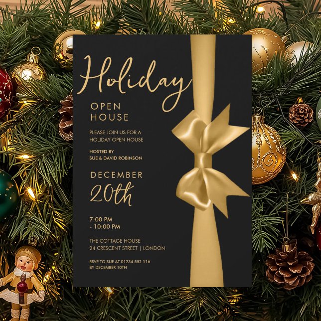 Convite Feriado de Natal Aberto Casa Dourada Fita Preta (Christmas Holiday Open House Gold Ribbon Black Invitation)