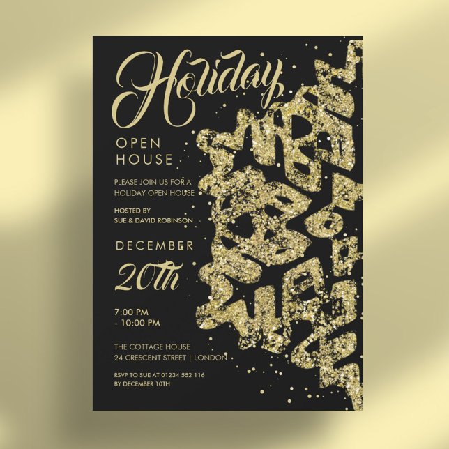 Convite Feriado de Natal Aberto Casa Dourada Glitter Preto (Christmas Holiday Open House Gold Glitter Black Invitation)