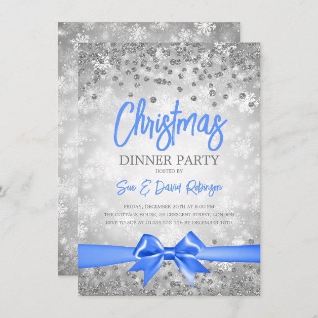 Convite Feriado de Natal da Fita Azul de Silver Glitter (Frente/Verso)