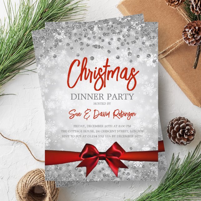 Convite Feriado de Natal da Fita do Silver Red Glitter (Silver Red Glitter Ribbon Christmas Holiday Invitation)