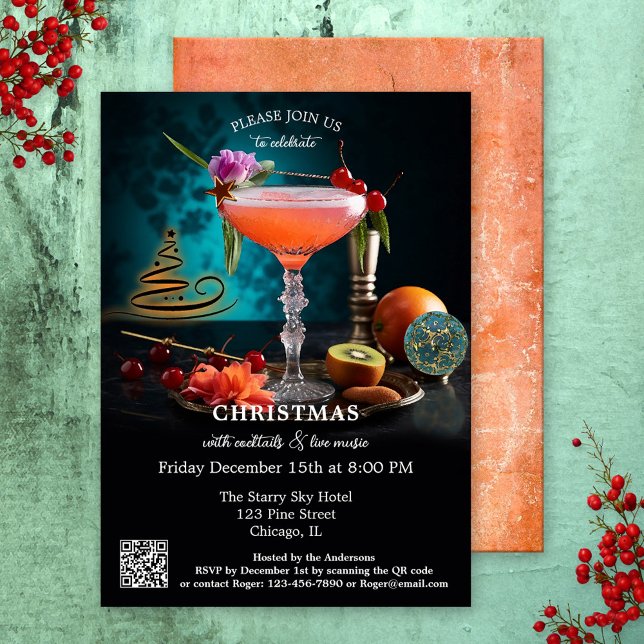Convite Feriado de Natal do Cocktail Original da Arte Mode (A modern art Christmas holiday invitation showing a still life with a festive cocktail. With QR code)