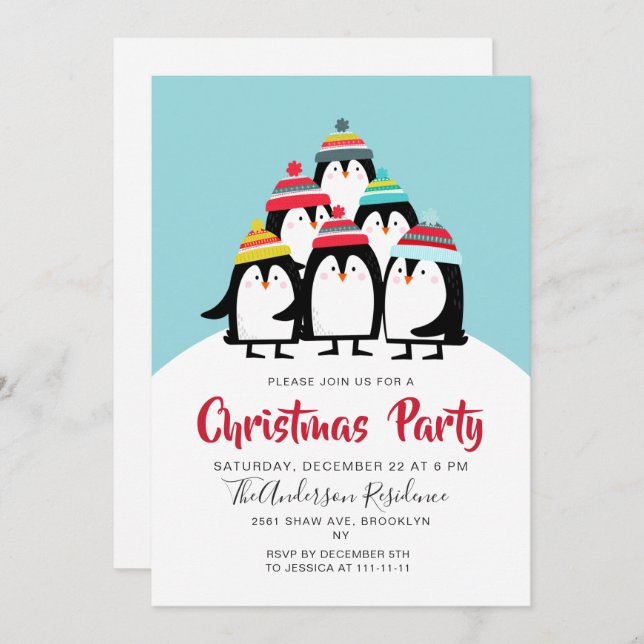 Convite Feriado de Natal dos Pinguins Engraçados (Frente/Verso)