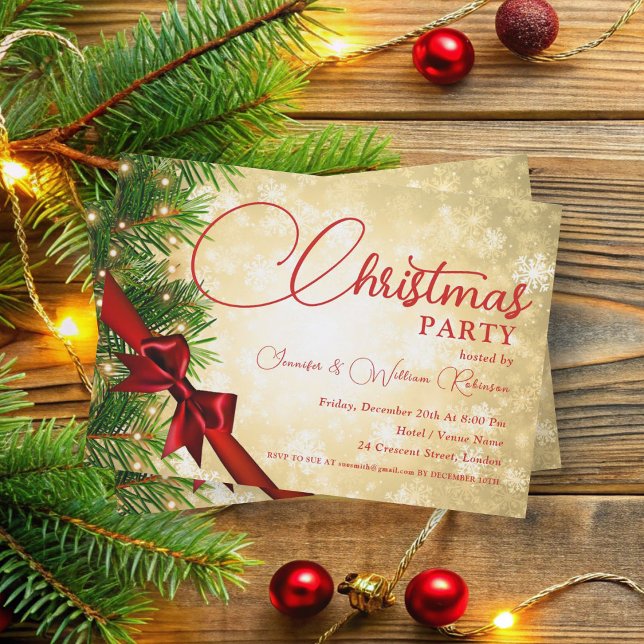 Convite Feriado de Natal Dourado do Elegante (Elegant Ribbon & Pine Gold Xmas Holiday Invitation)