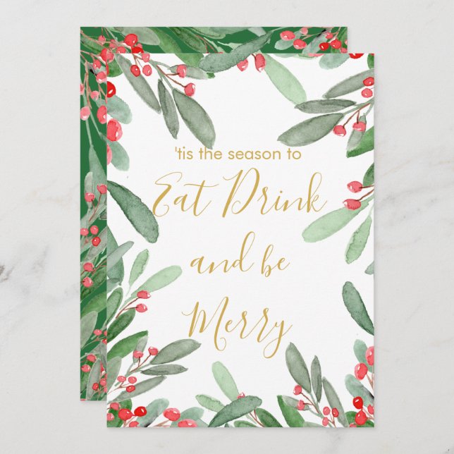 Convite Feriado de Natal - Estação Verde Holly Wreath Brig (Frente/Verso)