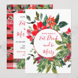 Convite Feriado de Natal Holly Wreath Red
