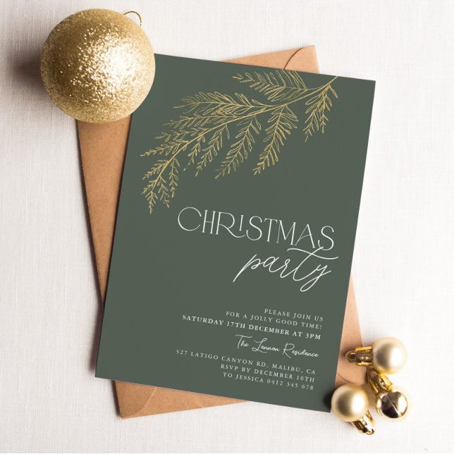 Convite Feriado de Natal Moderno com Folha Verde Dourada (Green and Gold Christmas Party Invitation)