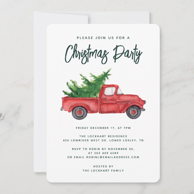 Convite Feriado de Natal Rustic Watercolor Red Truck (Frente)