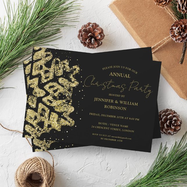 Convite Feriado de Neve Clássico Dourado do Xmas Xmas (Classy Gold Glitter Xmas Snowflake Holiday Black Invitation)