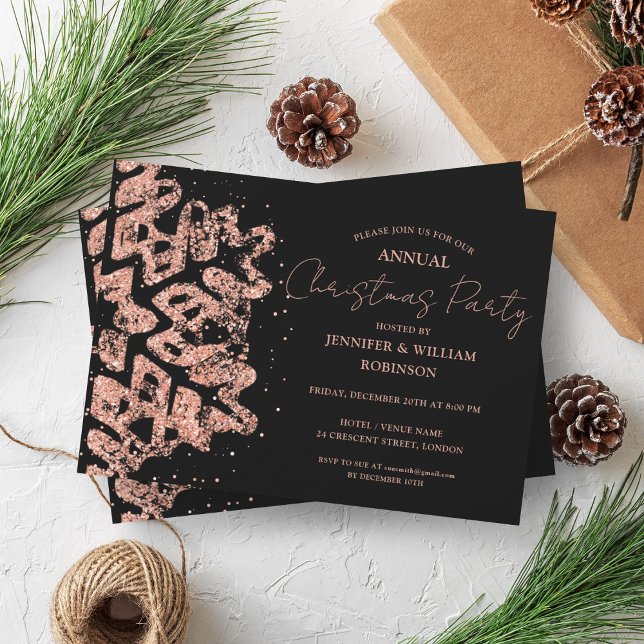 Convite Feriado de Neve, Floco de Neve, Glitter Dourado ro (Rose Gold Glitter Xmas Snowflake Holiday Black Invitation)