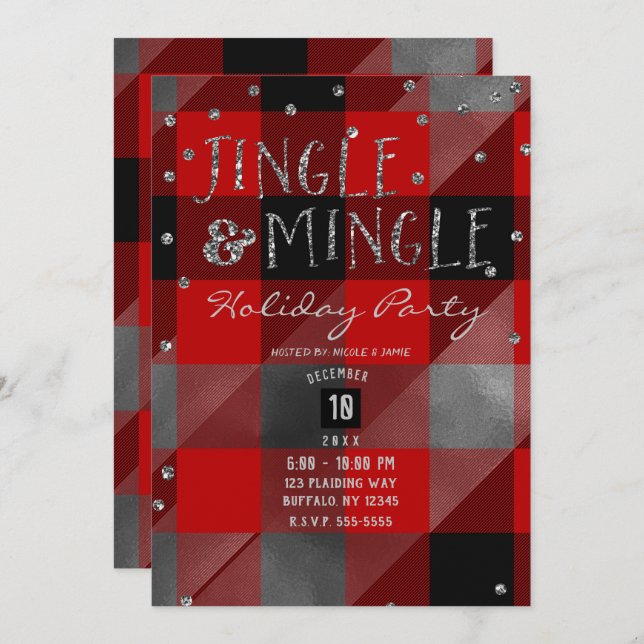 Convite Feriado de Xadrez de Búfalo Vermelho e Mingle (Frente/Verso)