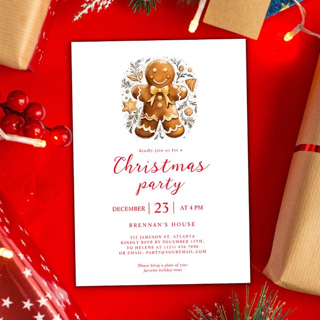 Convite Feriado Dourado de Pão de Gengala do Partido do Na (Modern Christmas Party Gold Gingerbread Holiday Invitation)