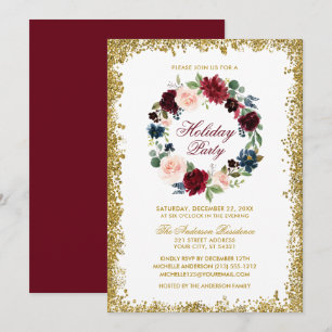 Convite Feriado Dourado Glitter Watercolor Floral