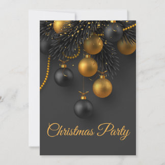 Convite Feriado Elegante de Bolas de Natal Pretas e Dourad