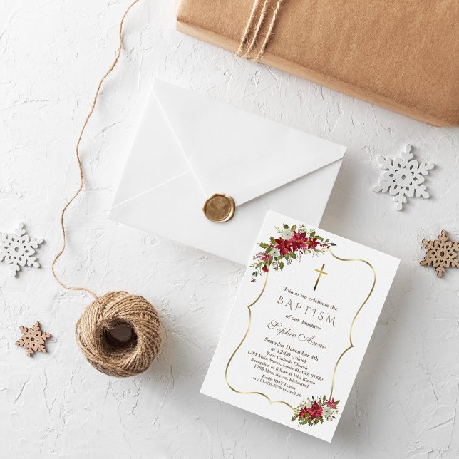 Convite Feriado Elegante Natal Vermelho Poinsettia Branca  (Criador carregado)
