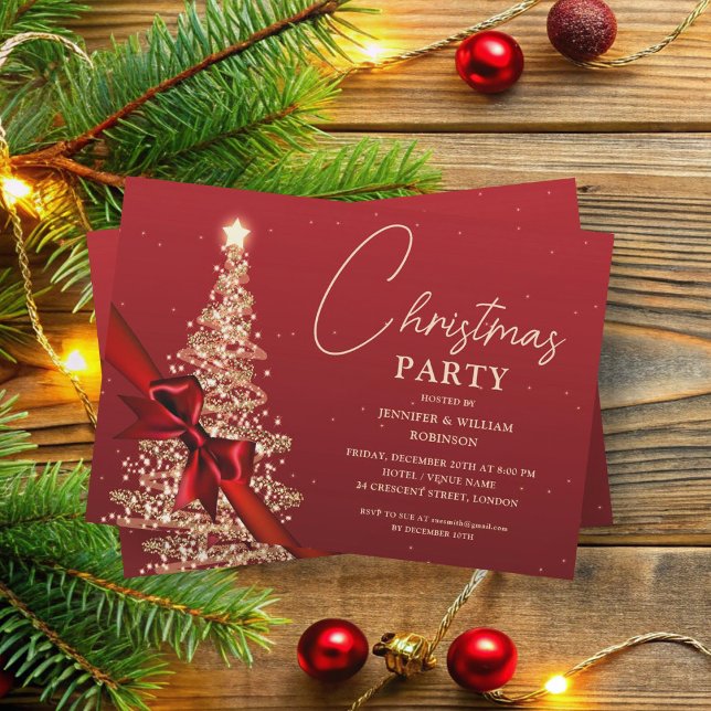 Convite Feriado em Árvore Xmas Dourado Elegante (Elegant Gold Red Shimmering Xmas Tree Holiday Invitation)