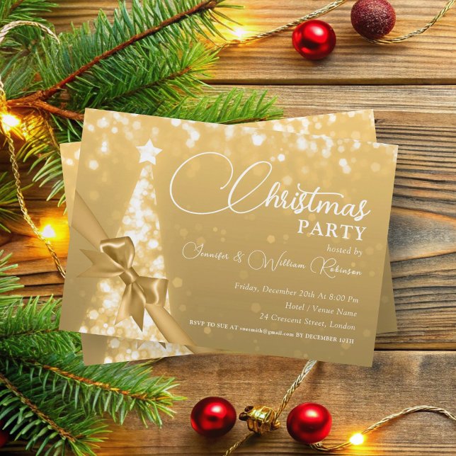 Convite Feriado em Árvore Xmas Dourado Elegante (Elegant Gold Shimmering Xmas Tree Holiday Invitation)