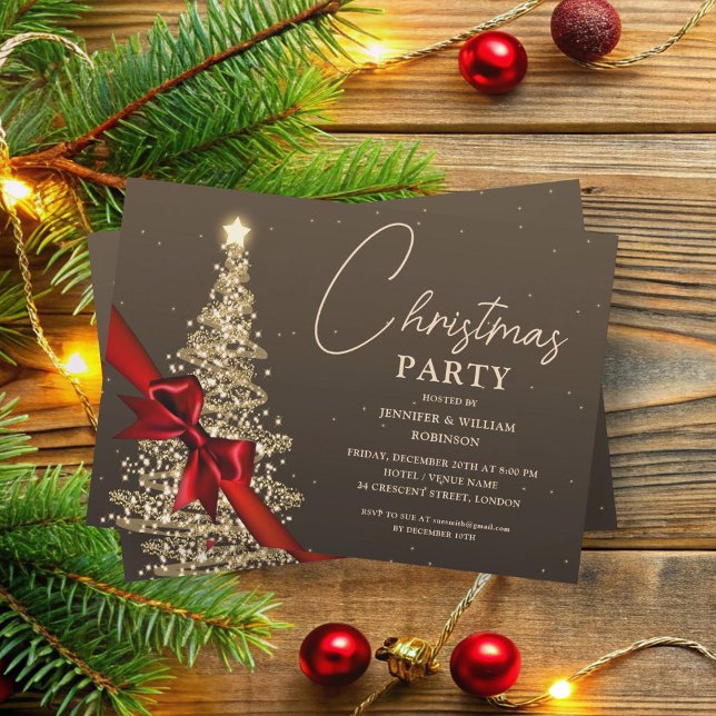 Convite Feriado em Árvore Xmas Dourado Elegante (Elegant Gold Shimmering Xmas Tree Holiday Invitation)