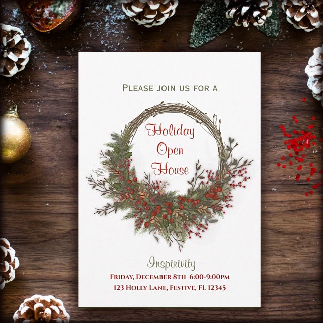 Convite Feriado Feriado Aberto Casa Natal Personalizado (Christmas Open House great for Business Holiday parties and get together.  Artwork by Inspirivity. )