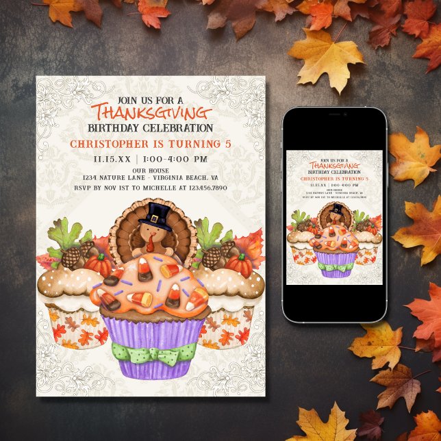 Convite Feriado Feriado de Cupcakes de Ação de Graças (Printed and Digital - Cute Thanksgiving Cupcakes Holiday Birthday Invitation)