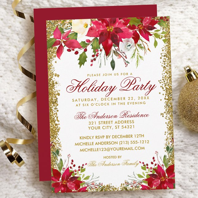 Convite Feriado Festa Vermelha Glitter Dourada Poinsettia  (Customize to change text color, size, style or to change color of back of card.)