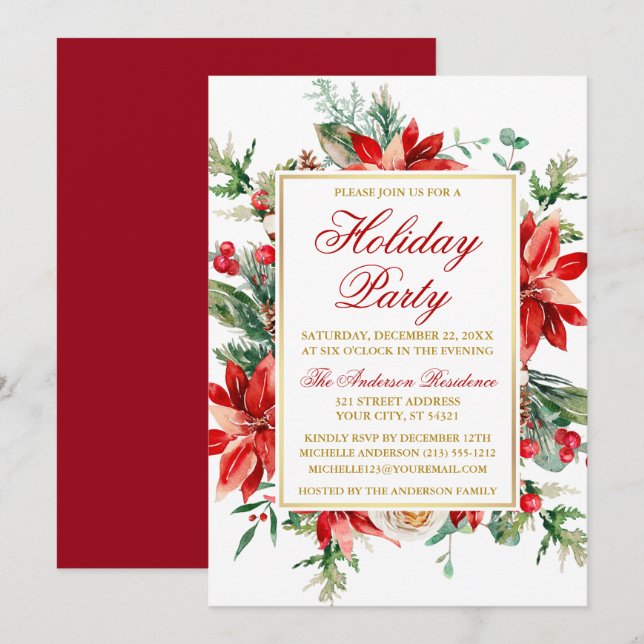 Convite Feriado Floral de Poinsettia, Watercolor, Dourado (Frente/Verso)