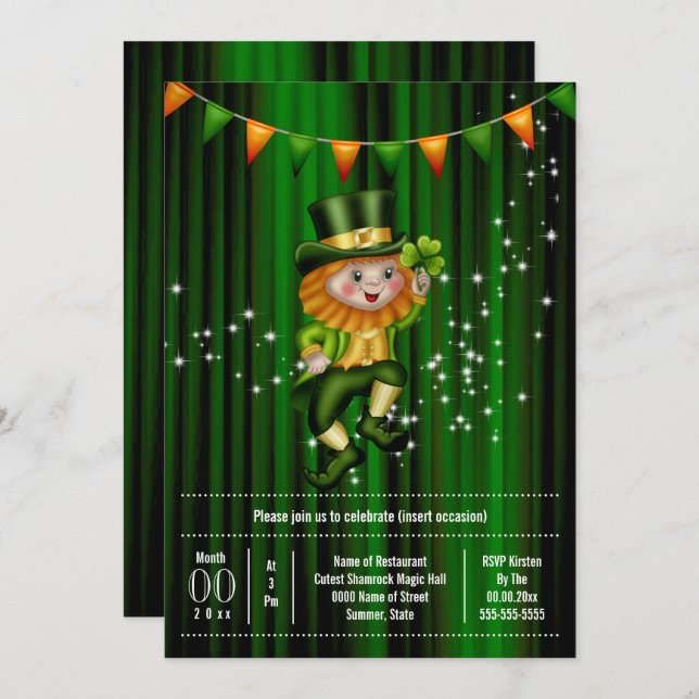 Convite Feriado irlandês leprechaun jig shamrock (Frente/Verso)