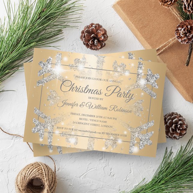 Convite Feriado Luxuoso de Neve de Prata Dourada (Luxurious Silver Glitter Snow Xmas Holiday Gold Invitation)