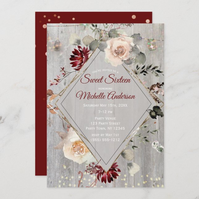 Convite Feriado Luz Borgonha Floral Doce Sessenta Festa (Frente/Verso)