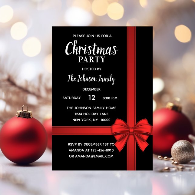 Convite Feriado NATAL Arco Branco Vermelho Negro (Holiday CHRISTMAS PARTY White Red Black Bow Invitation)
