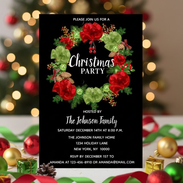 Convite Feriado NATAL, Feriado, Frota Vermelha Negra (Holiday CHRISTMAS PARTY Wreath Black Red White Invitation)