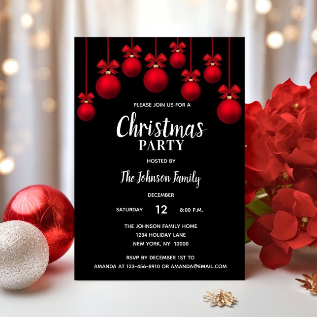 Convite Feriado NATAL Férias Ornações Vermelhas Brancas (Holiday CHRISTMAS PARTY White Red Black Ornaments Invitation)